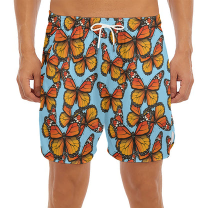 Orange Monarch Butterflies Pattern Print Men's Split Running Shorts
