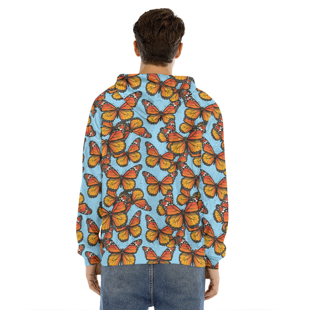 Orange Monarch Butterflies Pattern Print Men's Velvet Pullover Hoodie