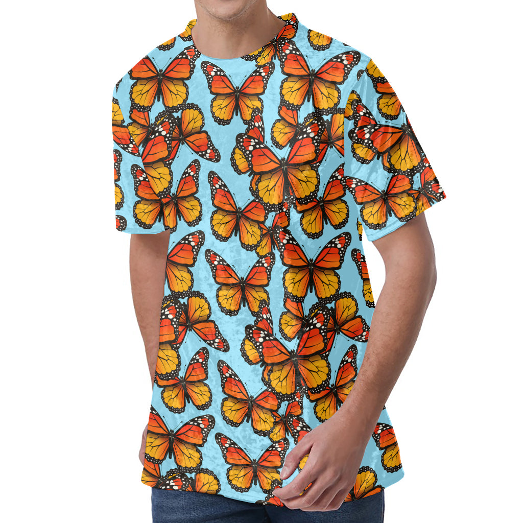 Orange Monarch Butterflies Pattern Print Men's Velvet T-Shirt