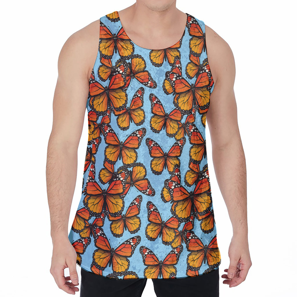 Orange Monarch Butterflies Pattern Print Men's Velvet Tank Top