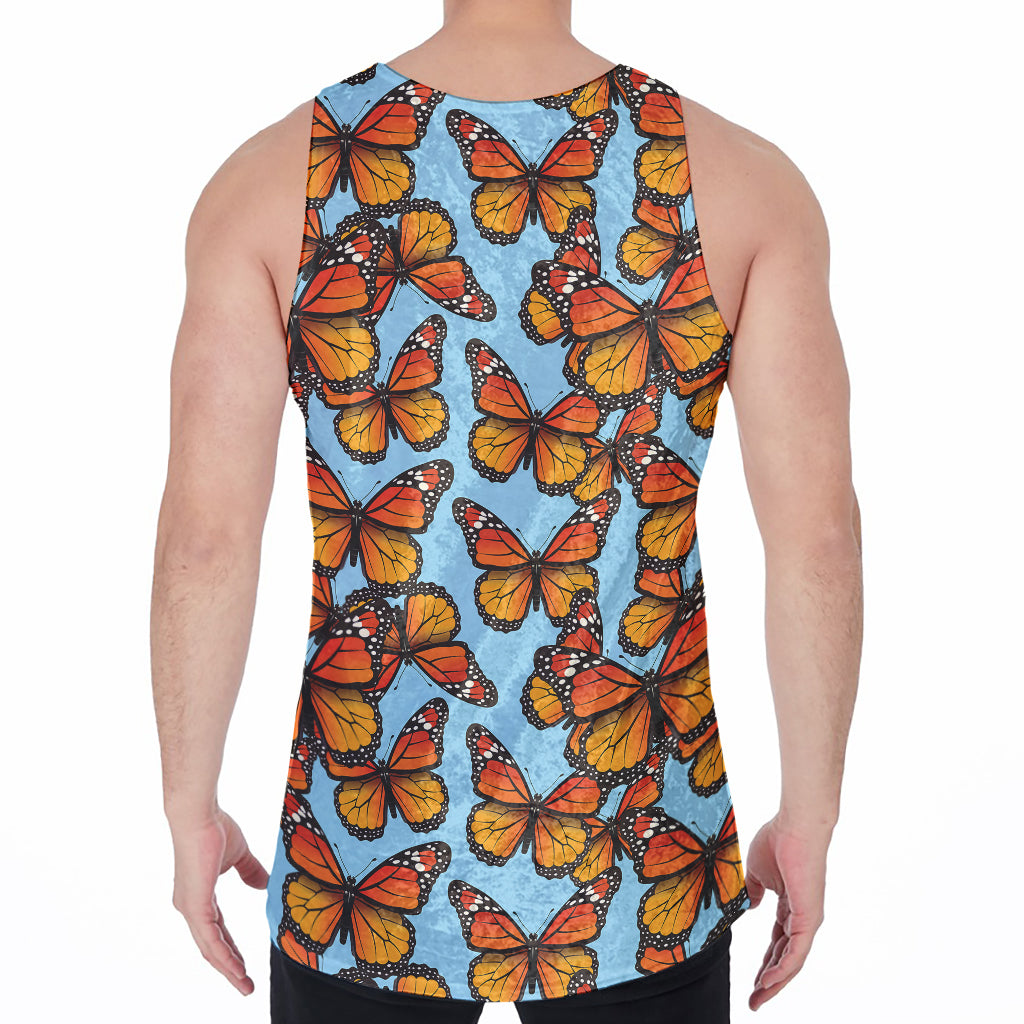 Orange Monarch Butterflies Pattern Print Men's Velvet Tank Top