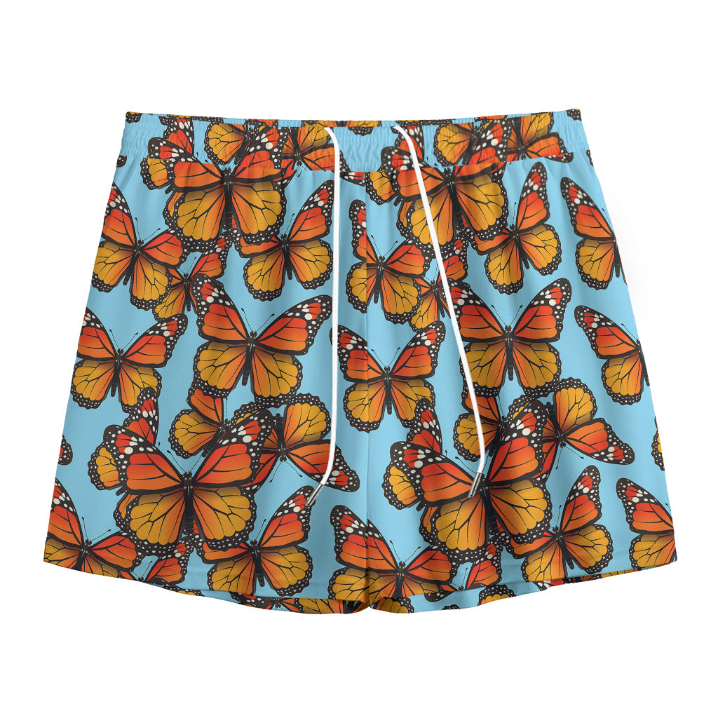 Orange Monarch Butterflies Pattern Print Mesh Shorts