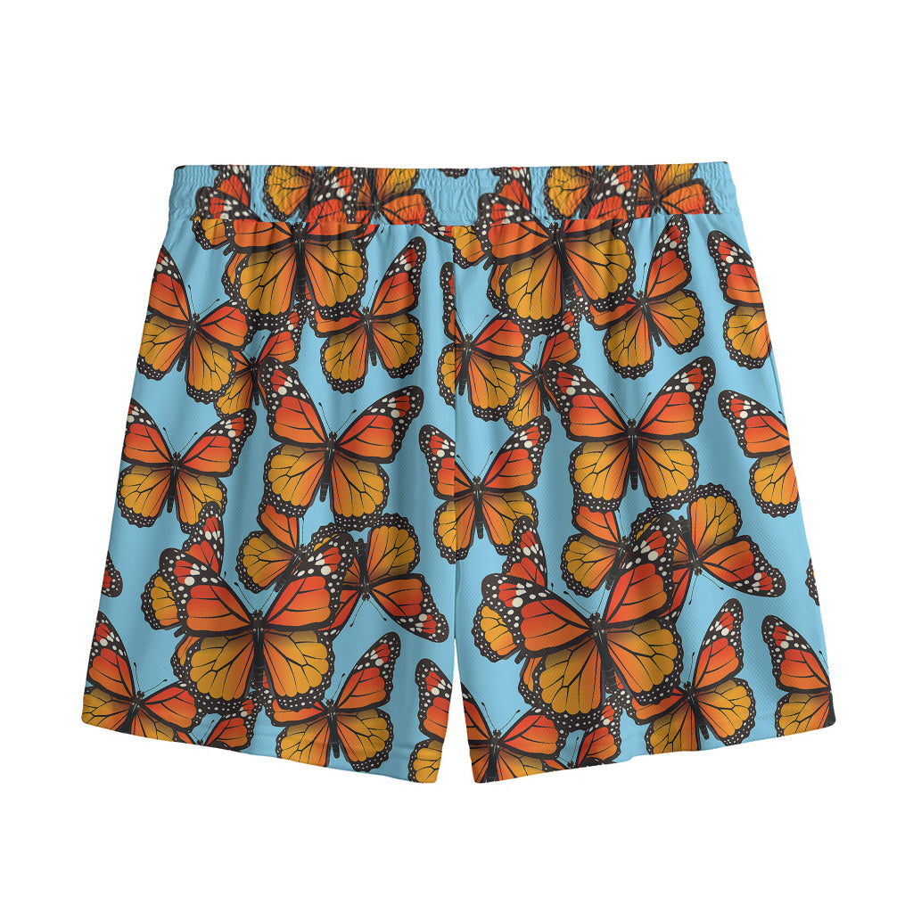 Orange Monarch Butterflies Pattern Print Mesh Shorts