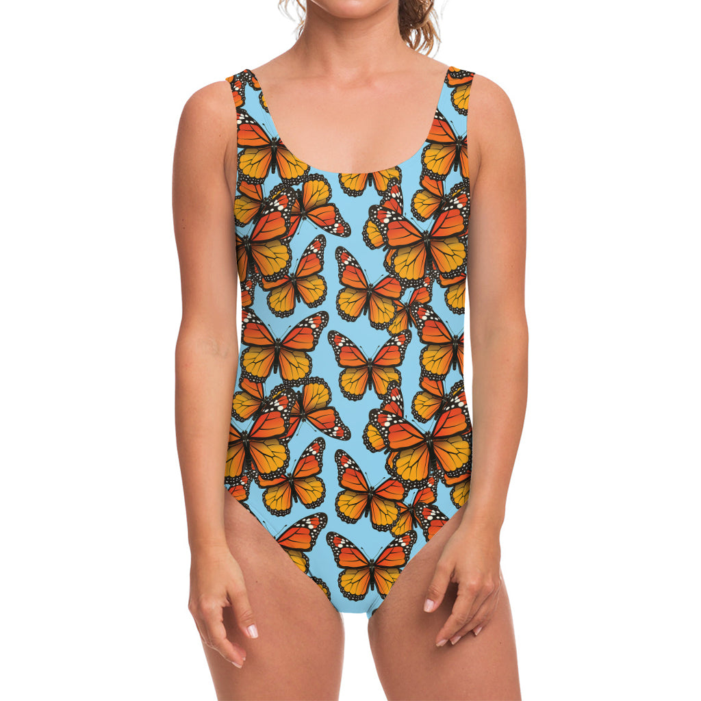 Orange Monarch Butterflies Pattern Print One Piece Swimsuit