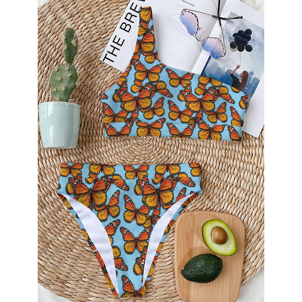 Orange Monarch Butterflies Pattern Print One Shoulder Bikini Top
