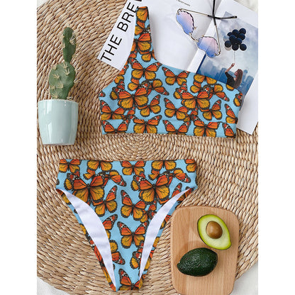 Orange Monarch Butterflies Pattern Print One Shoulder Bikini Top