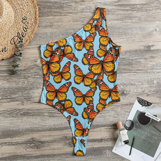 Orange Monarch Butterflies Pattern Print One Shoulder Bodysuit