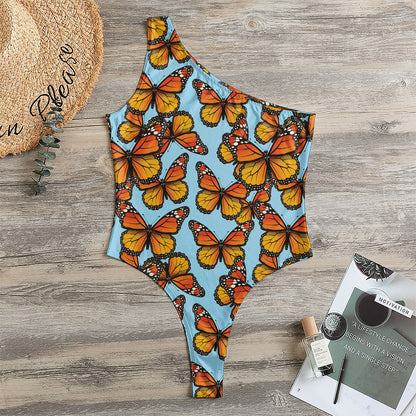 Orange Monarch Butterflies Pattern Print One Shoulder Bodysuit