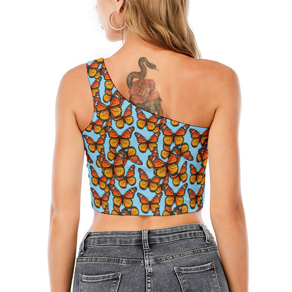 Orange Monarch Butterflies Pattern Print One Shoulder Crop Top