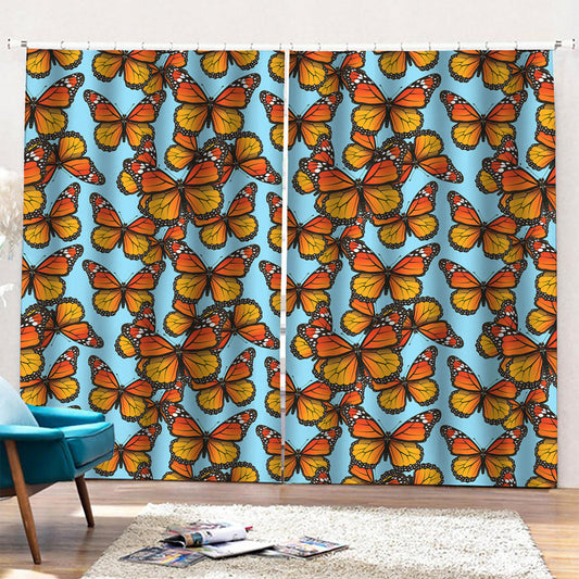 Orange Monarch Butterflies Pattern Print Pencil Pleat Curtains