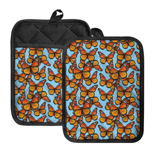 Orange Monarch Butterflies Pattern Print Pot Holders With Pocket