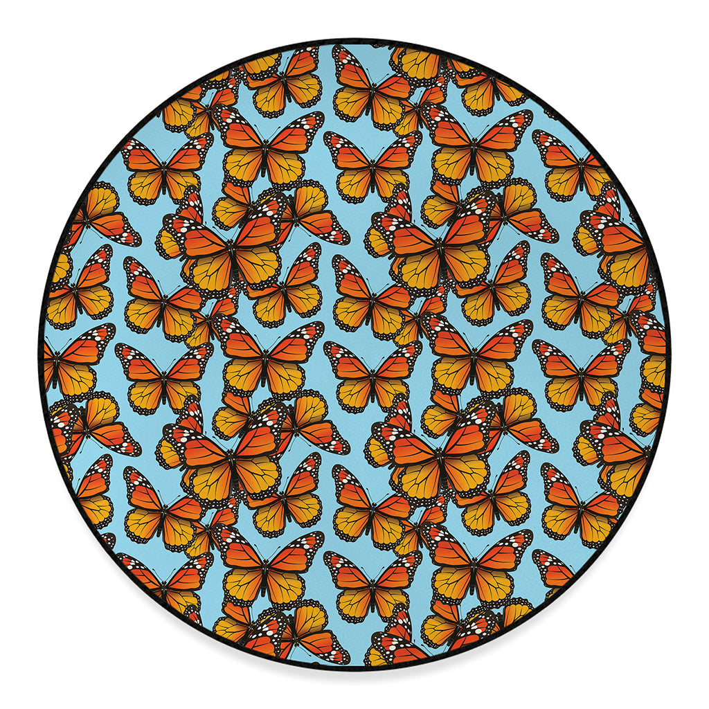Orange Monarch Butterflies Pattern Print Round Floor Mat