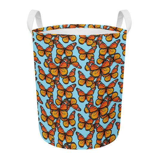 Orange Monarch Butterflies Pattern Print Round Laundry Basket