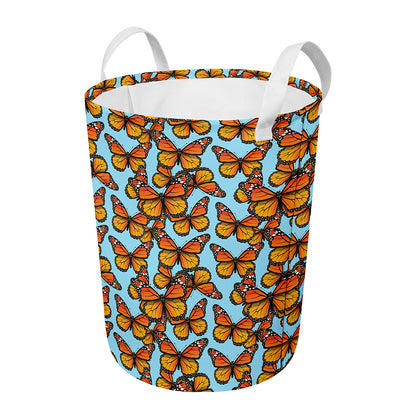 Orange Monarch Butterflies Pattern Print Round Laundry Basket