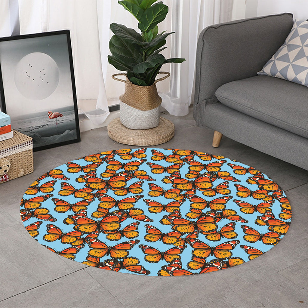 Orange Monarch Butterflies Pattern Print Round Rug