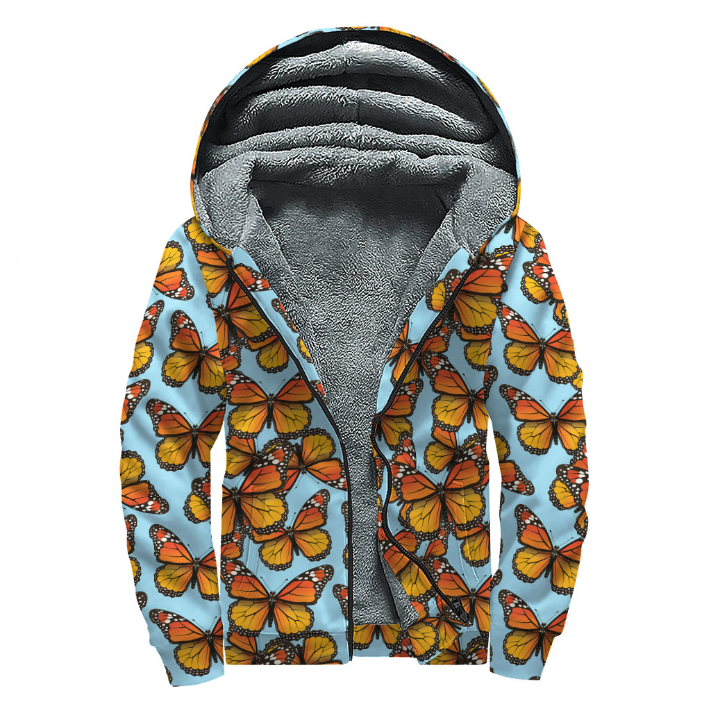Orange Monarch Butterflies Pattern Print Sherpa Lined Zip Up Hoodie
