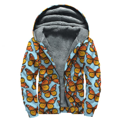 Orange Monarch Butterflies Pattern Print Sherpa Lined Zip Up Hoodie