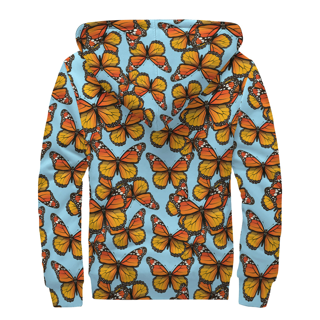 Orange Monarch Butterflies Pattern Print Sherpa Lined Zip Up Hoodie