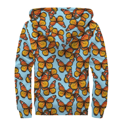 Orange Monarch Butterflies Pattern Print Sherpa Lined Zip Up Hoodie