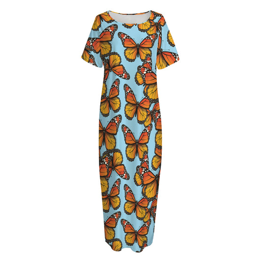 Orange Monarch Butterflies Pattern Print Short Sleeve Long Nightdress