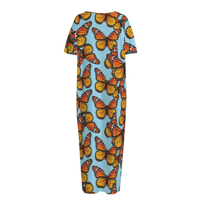 Orange Monarch Butterflies Pattern Print Short Sleeve Long Nightdress