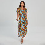 Orange Monarch Butterflies Pattern Print Short Sleeve Maxi Dress