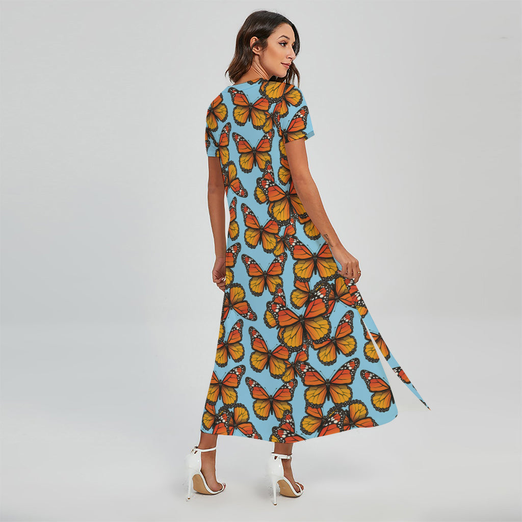 Orange Monarch Butterflies Pattern Print Short Sleeve Maxi Dress