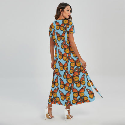 Orange Monarch Butterflies Pattern Print Short Sleeve Maxi Dress