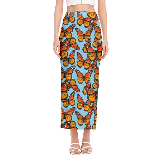 Orange Monarch Butterflies Pattern Print Side Slit Maxi Skirt
