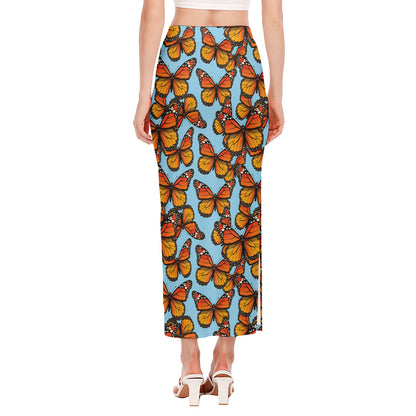 Orange Monarch Butterflies Pattern Print Side Slit Maxi Skirt