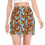 Orange Monarch Butterflies Pattern Print Side Slit Mini Skirt