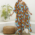 Orange Monarch Butterflies Pattern Print Silk V-Neck Kaftan Dress