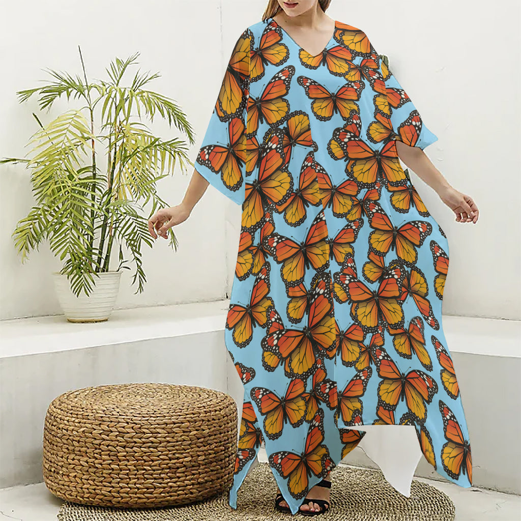 Orange Monarch Butterflies Pattern Print Silk V-Neck Kaftan Dress