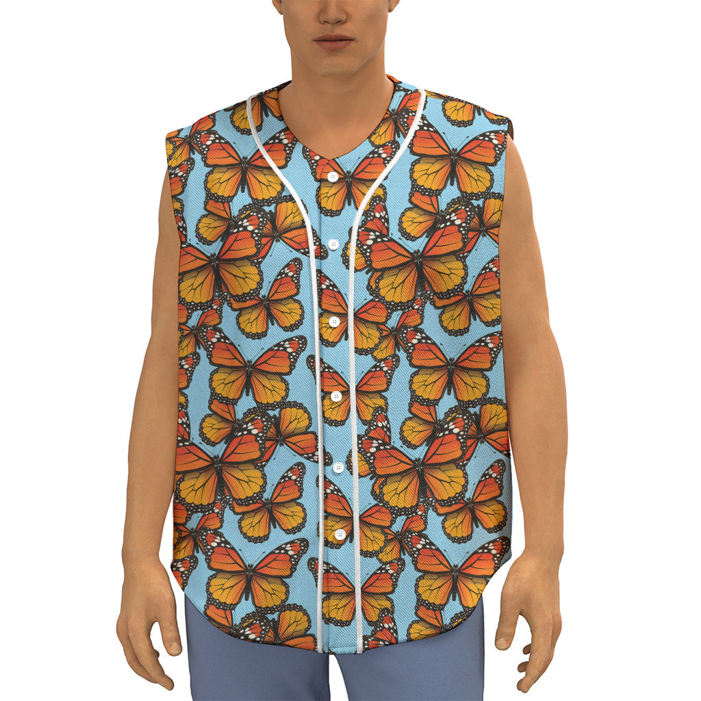 Orange Monarch Butterflies Pattern Print Sleeveless Baseball Jersey