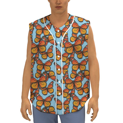 Orange Monarch Butterflies Pattern Print Sleeveless Baseball Jersey