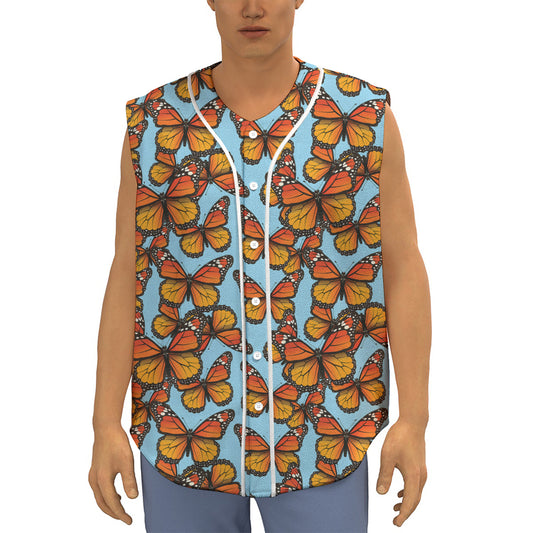 Orange Monarch Butterflies Pattern Print Sleeveless Baseball Jersey