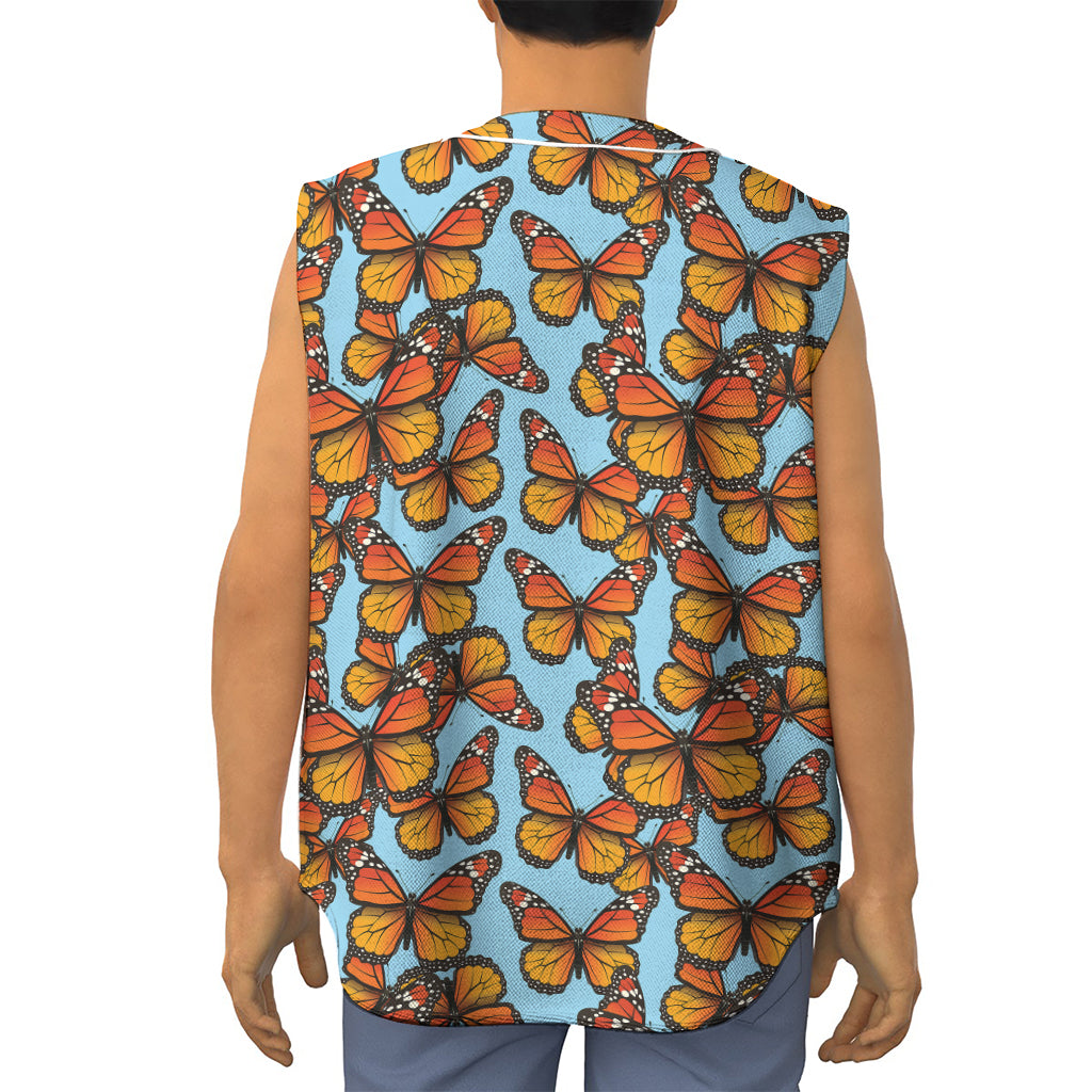 Orange Monarch Butterflies Pattern Print Sleeveless Baseball Jersey