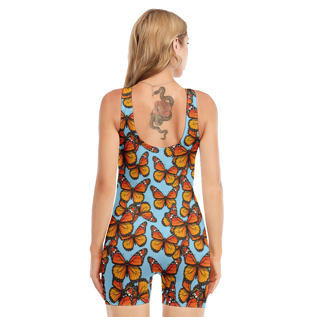 Orange Monarch Butterflies Pattern Print Sleeveless One Piece Swimsuit