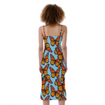 Orange Monarch Butterflies Pattern Print Slim Fit Midi Cami Dress