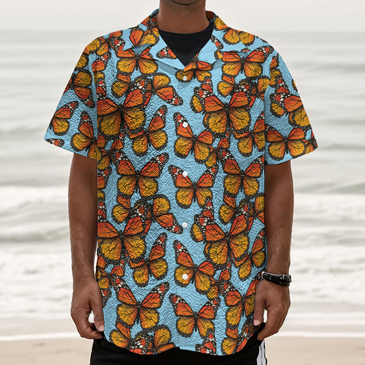 Orange Monarch Butterflies Pattern Print Textured Short Sleeve Shirt