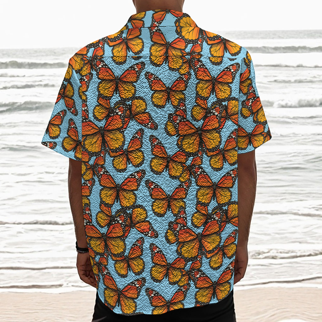 Orange Monarch Butterflies Pattern Print Textured Short Sleeve Shirt