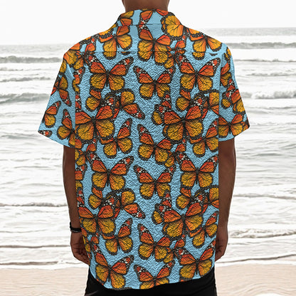 Orange Monarch Butterflies Pattern Print Textured Short Sleeve Shirt