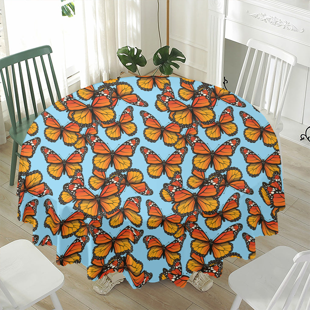 Orange Monarch Butterflies Pattern Print Waterproof Round Tablecloth