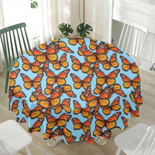 Orange Monarch Butterflies Pattern Print Waterproof Round Tablecloth
