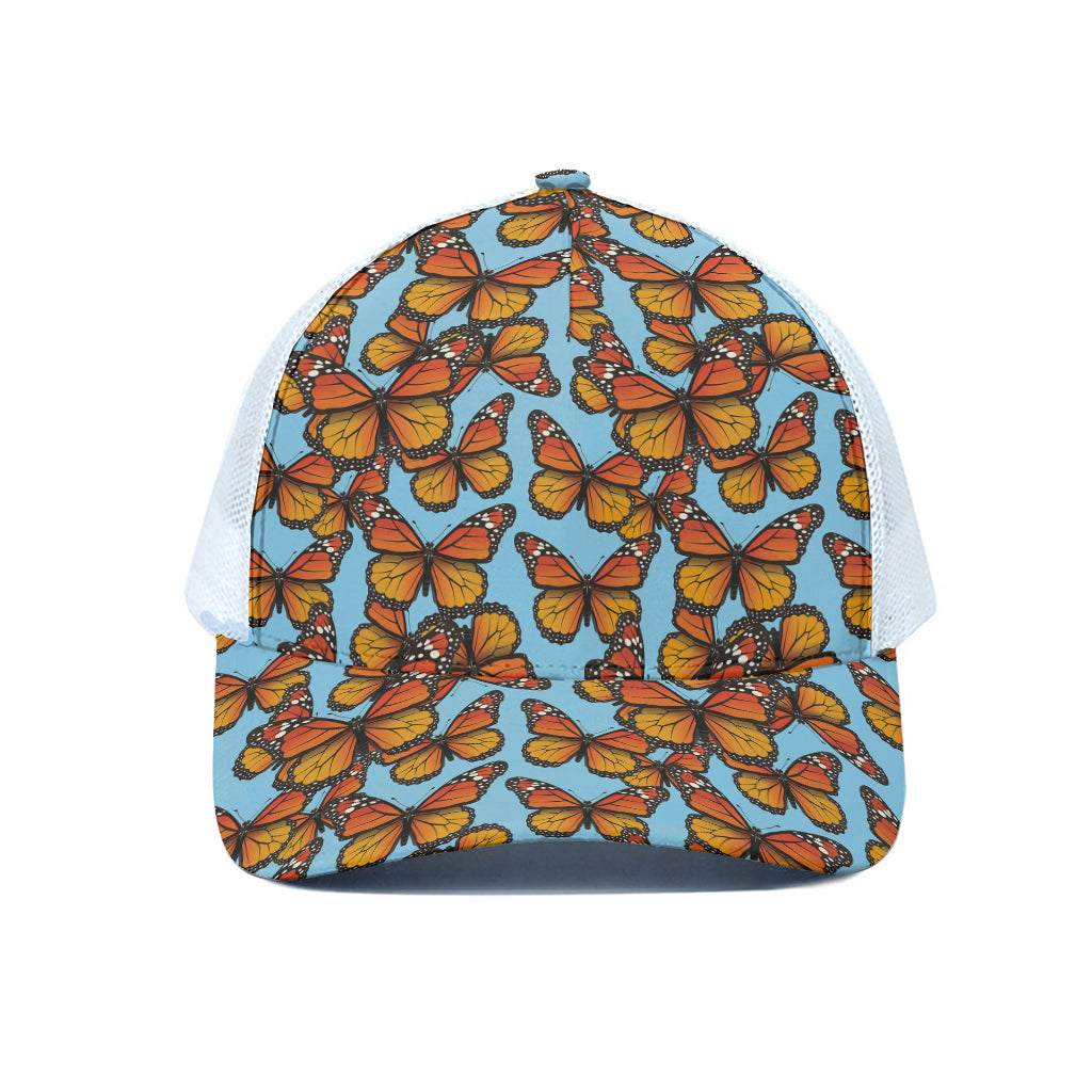 Orange Monarch Butterflies Pattern Print White Mesh Trucker Cap