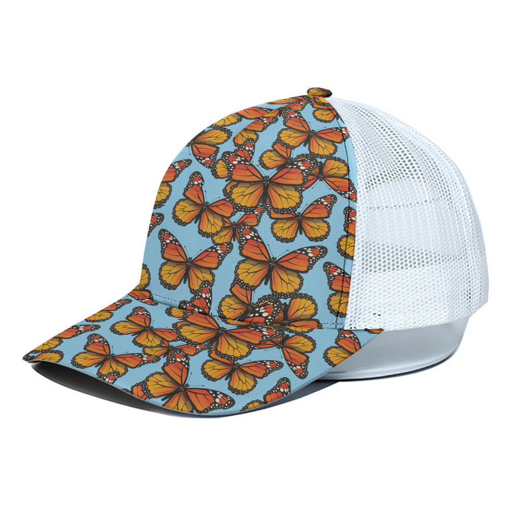 Orange Monarch Butterflies Pattern Print White Mesh Trucker Cap