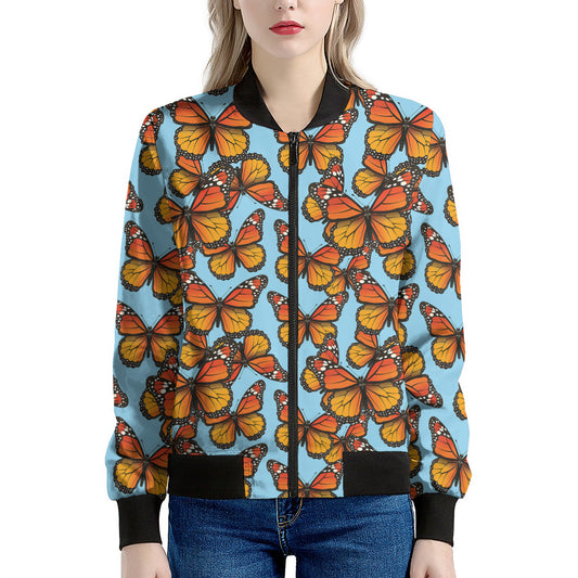 Orange Monarch Butterflies Pattern Print Women's Bomber Jacket