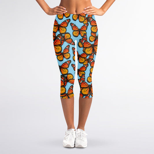 Orange Monarch Butterflies Pattern Print Women's Capri Leggings