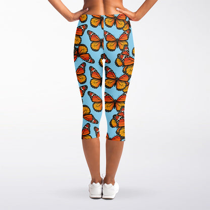 Orange Monarch Butterflies Pattern Print Women's Capri Leggings