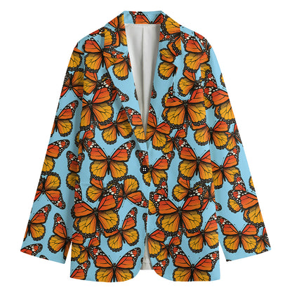 Orange Monarch Butterflies Pattern Print Women's Cotton Blazer